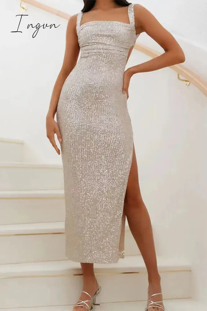 Sexy Solid Sequins Slit Square Collar One Step Skirt Dresses Dresses/Party And Cocktail