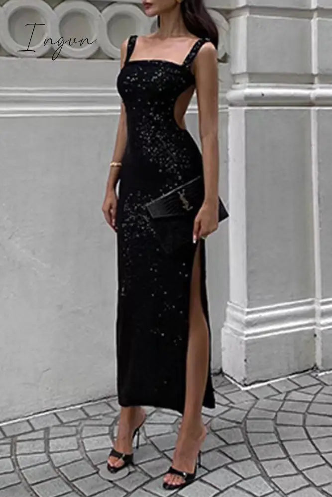 Sexy Solid Sequins Slit Square Collar One Step Skirt Dresses Dresses/Party And Cocktail