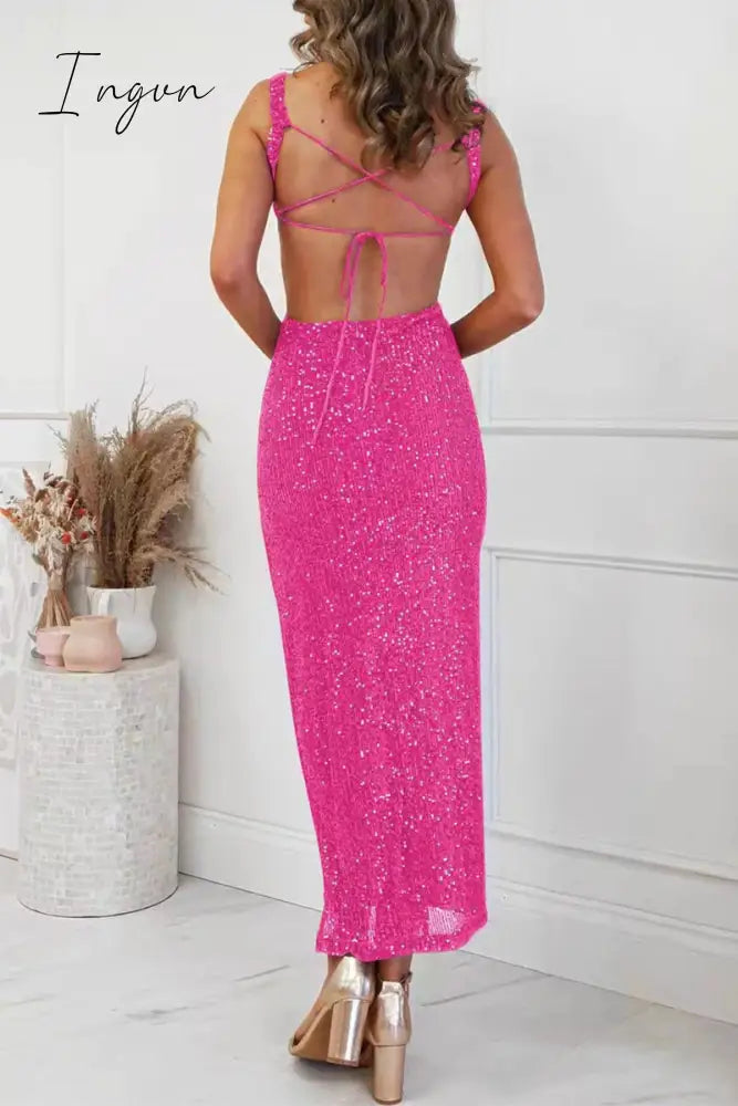 Sexy Solid Sequins Slit Square Collar One Step Skirt Dresses Dresses/Party And Cocktail