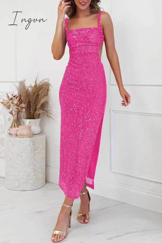 Sexy Solid Sequins Slit Square Collar One Step Skirt Dresses Rose Red / S Dresses/Party And Cocktail