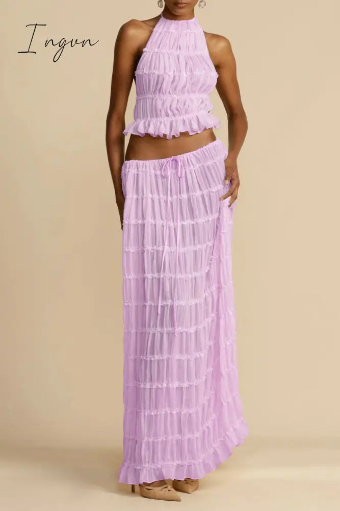 Sexy Vacation Solid Frenulum See-Through Backless Halter Sleeveless Two Pieces(7 Colors) Light