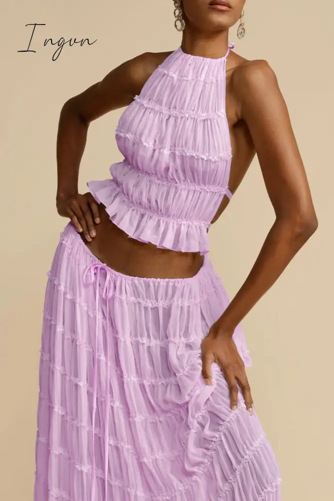 Sexy Vacation Solid Frenulum See-Through Backless Halter Sleeveless Two Pieces(7 Colors)