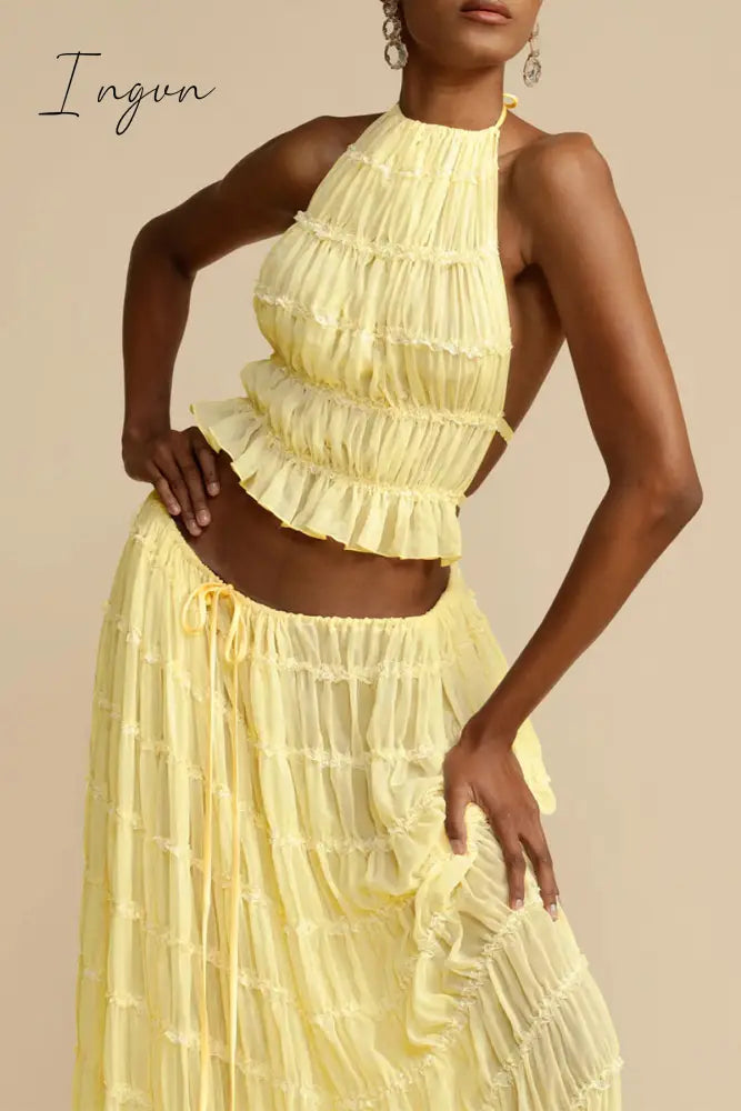 Sexy Vacation Solid Frenulum See-Through Backless Halter Sleeveless Two Pieces(7 Colors)