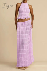 Sexy Vacation Solid Frenulum See-Through Backless Halter Sleeveless Two Pieces(7 Colors)