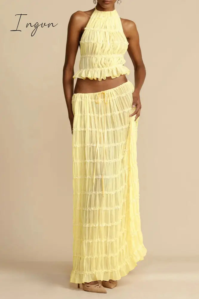 Sexy Vacation Solid Frenulum See-Through Backless Halter Sleeveless Two Pieces(7 Colors) Yellow / S