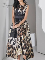 Summer Women Fashion Elegant Casual Midi Dress Sleeveless A-Line Leopard Print Vintage Party