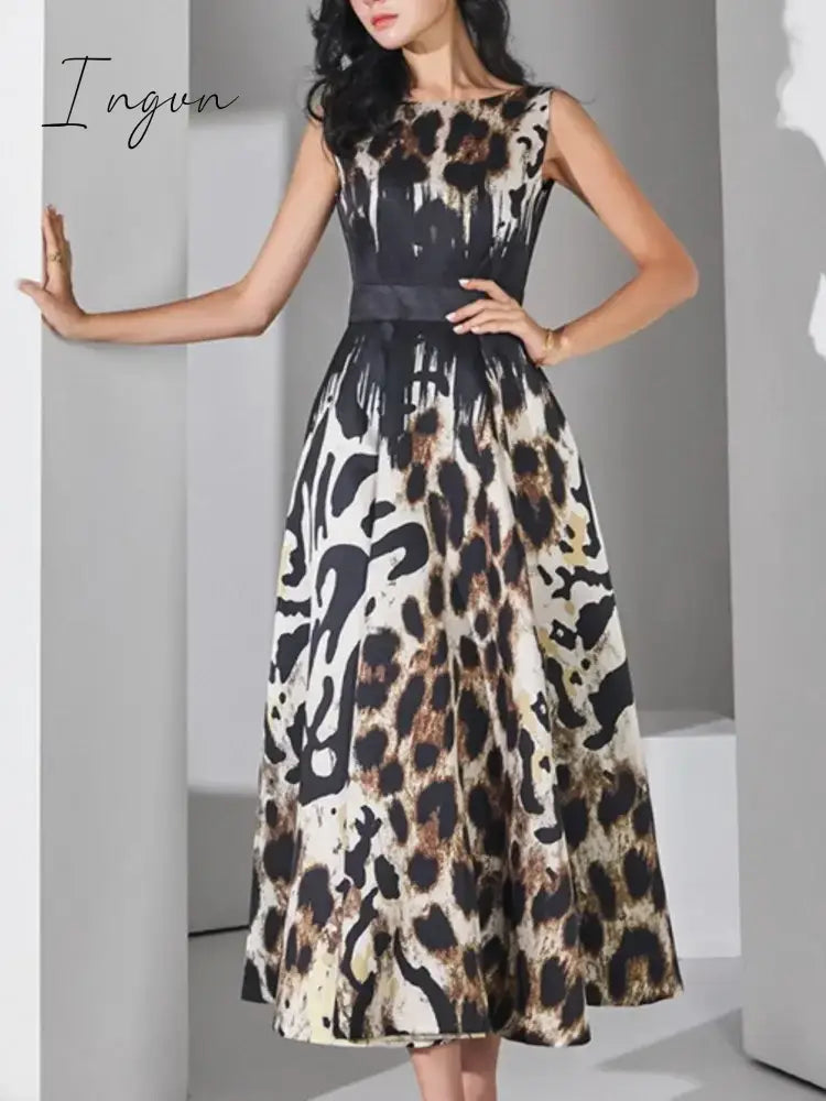 Summer Women Fashion Elegant Casual Midi Dress Sleeveless A-Line Leopard Print Vintage Party