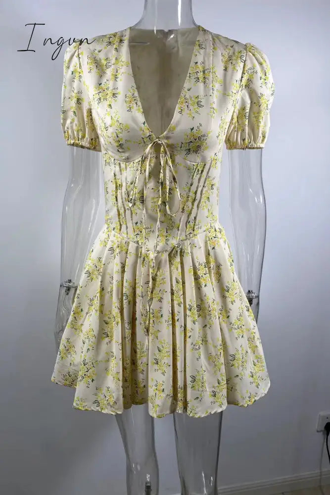 Sweet Elegant Print Flowers Frenulum V Neck A Line Dresses Dresses/Floral