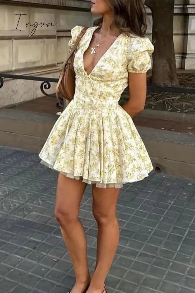 Sweet Elegant Print Flowers Frenulum V Neck A Line Dresses Dresses/Floral