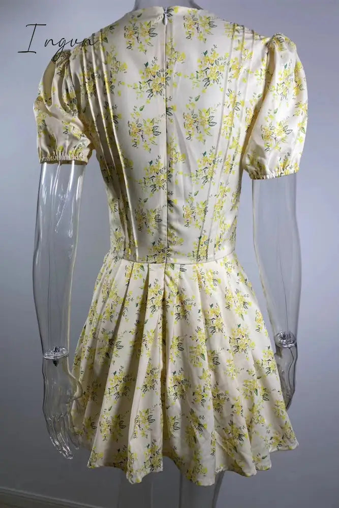 Sweet Elegant Print Flowers Frenulum V Neck A Line Dresses Dresses/Floral